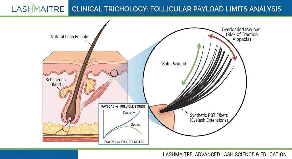 A detailed clinical trichology diagram by LASHMAITRE analyzing follicular payload limits. The illustration uses a multi-panel layout to compare a healthy natural lash follicle against an overloaded follicle stressed by multiple synthetic PBT extensions, warning of traction alopecia risk. A color-coded stress graph and microscopic views of PBT fibers are included.