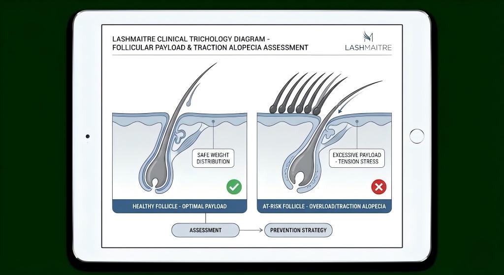A clinical trichology diagram displayed on a digital tablet, titled 'LASHMAITRE CLINICAL TRICHOLOGY DIAGRAM - FOLLICULAR PAYLOAD & TRACTION ALOPECIA ASSESSMENT'. The diagram features two side-by-side cross-sectional views of hair follicles in the dermis. The left panel, marked with a green check, shows 'SAFE WEIGHT DISTRIBUTION' where a single extension is bonded to a natural lash. The right panel, marked with a red 'X', shows 'EXCESSIVE PAYLOAD - TENSION STRESS' where multiple heavy extensions are pulling the follicle upward, illustrating the mechanical cause of 'OVERLOAD/TRACTION ALOPECIA'. Below the panels is a flowchart for 'ASSESSMENT' leading to 'PREVENTION STRATEGY'.