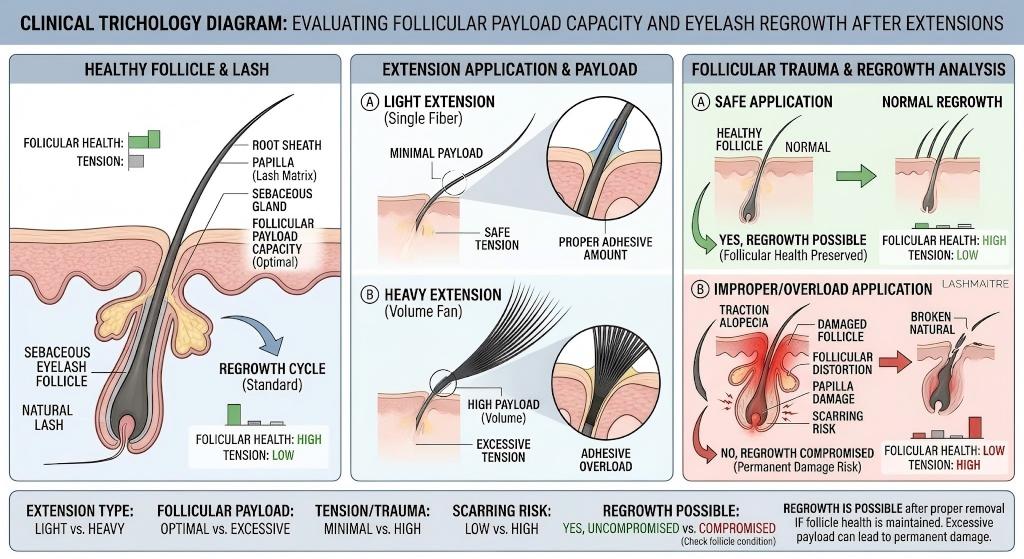 A comprehensive clinical trichology diagram by LASHMAITRE. The medical illustration infographic explains if eyelashes can grow back after extensions by evaluating follicular payload capacity. It contrasts safe application (respecting optimal payload) with improper, overloaded application. The diagram details follicle anatomy, compares light versus heavy extension weight, and analyzes follicular trauma versus normal regrowth, including risk of traction alopecia and permanent scarring.