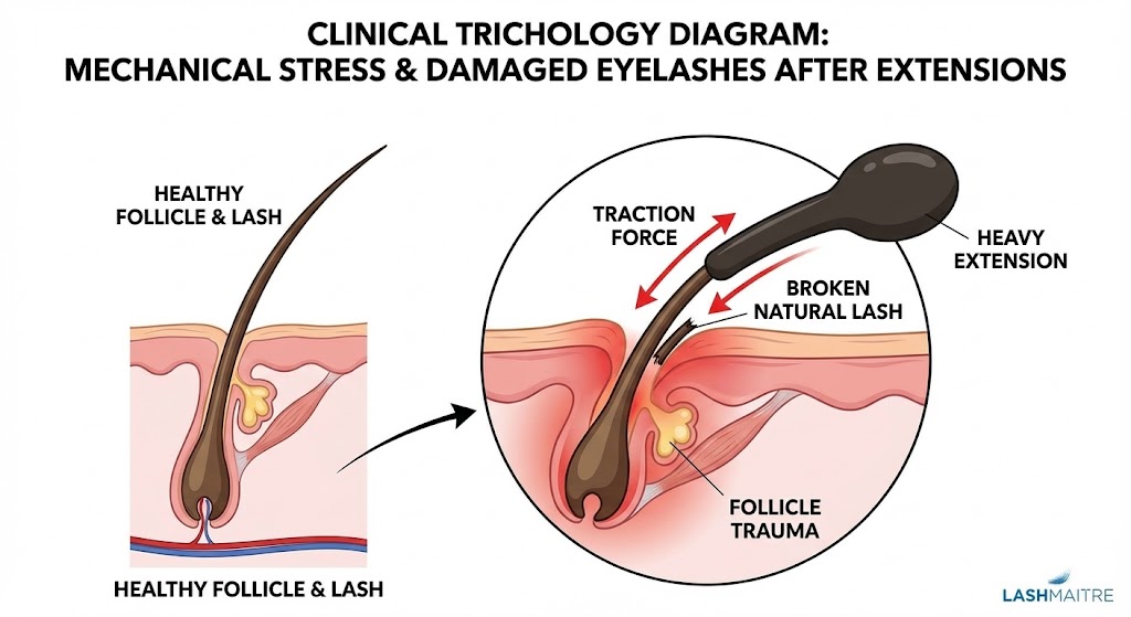 A medical trichology diagram showing the mechanical stress on eyelash follicles. On the left, a healthy follicle and lash; on the right, a detailed view of a heavy extension causing traction force, leading to follicle trauma and a broken natural lash. The LASHMAITRE logo is in the bottom right corner.