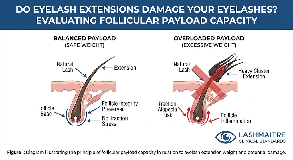 A medical trichology diagram illustrating the follicular payload capacity of eyelashes. It compares a 'Balanced Payload' where a lightweight extension preserves follicle integrity, against an 'Overloaded Payload' with a heavy cluster extension causing follicle inflammation and a red X mark indicating damage. The 'LASHMAITRE CLINICAL STANDARDS' logo is present.