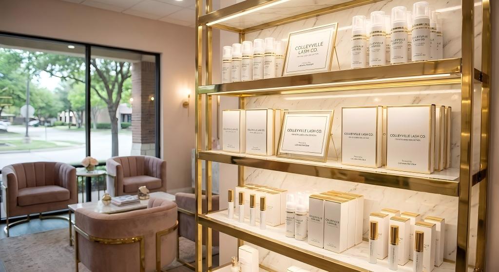 Luxury boutique salon displaying premium OEM private label retail products for eyelash extensions colleyville