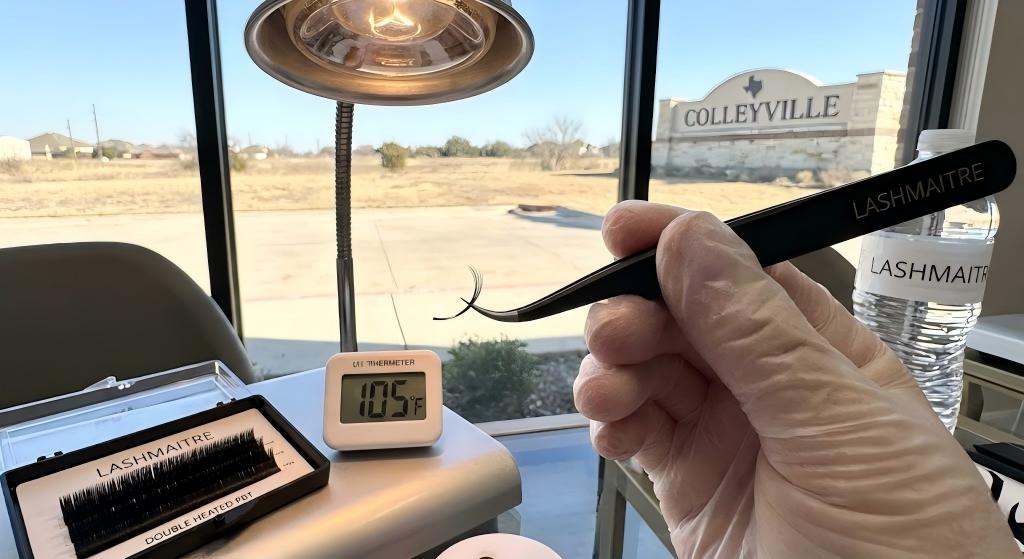 Macro photography of double heated PBT resisting extreme Texas heat for eyelash extensions colleyville