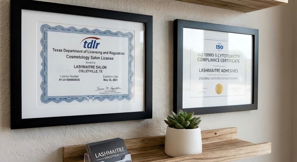Texas TDLR license and ISO cytotoxicity compliance certificate ensuring safe eyelash extensions colleyville