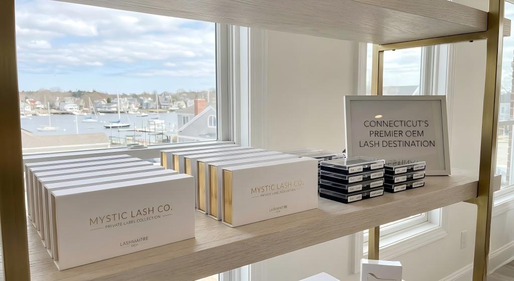 Luxury coastal salon displaying premium OEM private label lash extensions connecticut