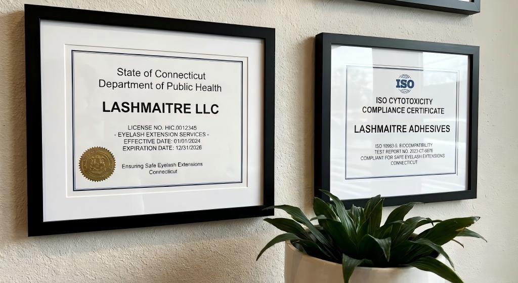 Connecticut DPH license and ISO cytotoxicity compliance certificate ensuring safe eyelash extensions connecticut