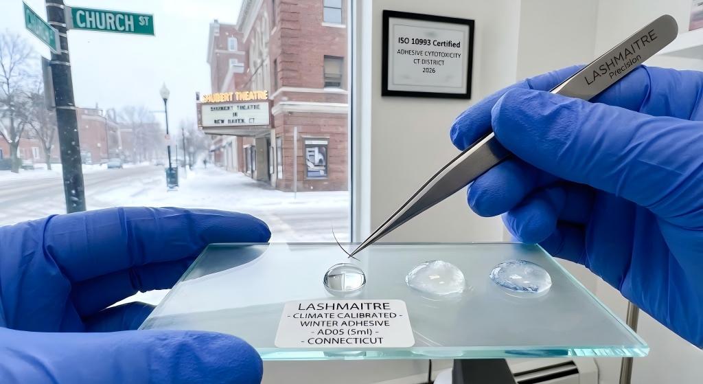 Macro photography of climate calibrated cyanoacrylate resisting winter polymerization lag for eyelash extensions connecticut