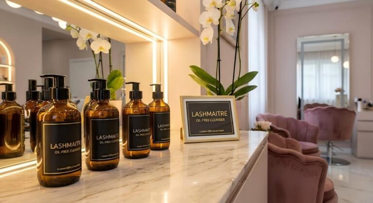 A premium retail display of LASHMAITRE custom OEM private label oil-free eyelash extension cleansers in a luxury salon. The sleek, matte white foaming pump bottles feature elegant gold-foil LASHMAITRE branding. They are arranged on a tiered acrylic riser atop a white marble counter. In the background, a soft-focus view of a high-end salon interior with warm lighting, gold accents, and a bouquet of fresh flowers creates a sophisticated clinical-boutique atmosphere.
