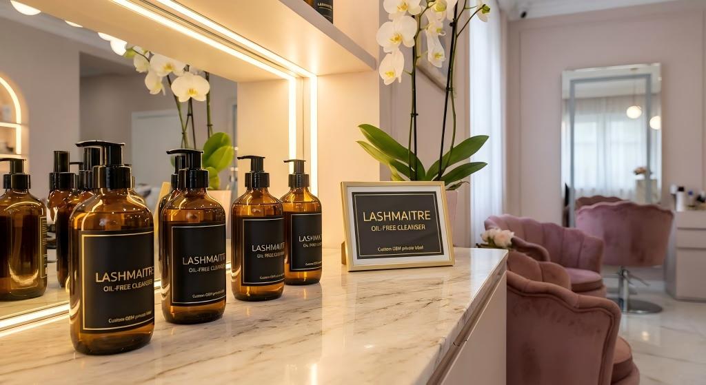 A premium retail display of LASHMAITRE custom OEM private label oil-free eyelash extension cleansers in a luxury salon. The sleek, matte white foaming pump bottles feature elegant gold-foil LASHMAITRE branding. They are arranged on a tiered acrylic riser atop a white marble counter. In the background, a soft-focus view of a high-end salon interior with warm lighting, gold accents, and a bouquet of fresh flowers creates a sophisticated clinical-boutique atmosphere.