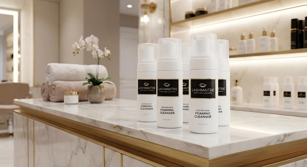 A high-end retail display of LASHMAITRE custom OEM private label foaming cleansers on a white marble countertop in a luxury salon. The elegant white bottles feature sleek black and gold labels. In the background, warm-lit shelving displays more professional beauty products, complemented by soft white towels and a delicate orchid in a ceramic pot, creating a sophisticated clinical-boutique atmosphere.
