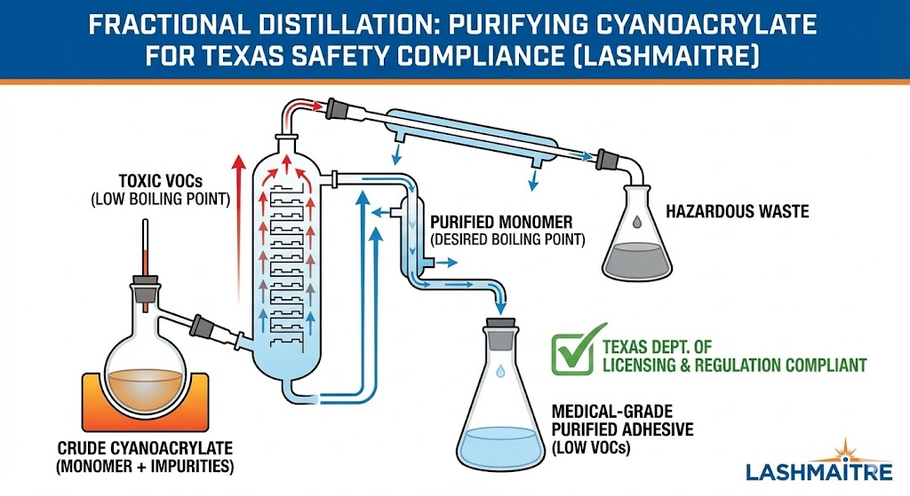 A scientific chemical diagram illustrating the fractional distillation process used by LASHMAITRE to purify crude cyanoacrylate. It shows crude monomer being heated, separating toxic VOCs (low boiling point) into hazardous waste. The purified monomer is collected in a flask labeled 'Medical-Grade Purified Adhesive (Low VOCs)'. A green checkmark prominently indicates the product is 'Texas Dept. of Licensing & Regulation Compliant', demonstrating the removal of toxic VOCs to ensure safety for an eyelash extension license in Texas.