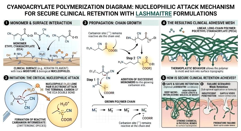 A detailed scientific infographic, using diagrams and chemical structures, illustrating the five stages of cyanoacrylate polymerization for secure clinical retention, specifically optimized for LASHMAITRE formulations. It details: 1. Monomer & Surface Interaction, 2. Initiation via the critical nucleophilic attack (e.g., by Hâ‚‚O) on the Ethyl Cyanoacrylate terminal carbon, 3. Propagation of the carbanion chain, 4. Formation of a dense Polyethyl Cyanoacrylate clinical adhesive mesh that molds to surface topography, and 5. A comparison between safe, optimal retention achieving deep micro-interlocking and weak failure scenarios characterized by gaps and insufficient penetration.