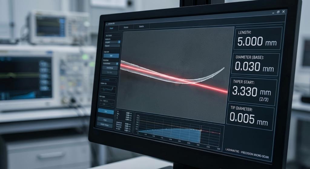 Digital laser micrometer analyzing 5mm micro lash taper ratio for eyelash extensions lower lashes.