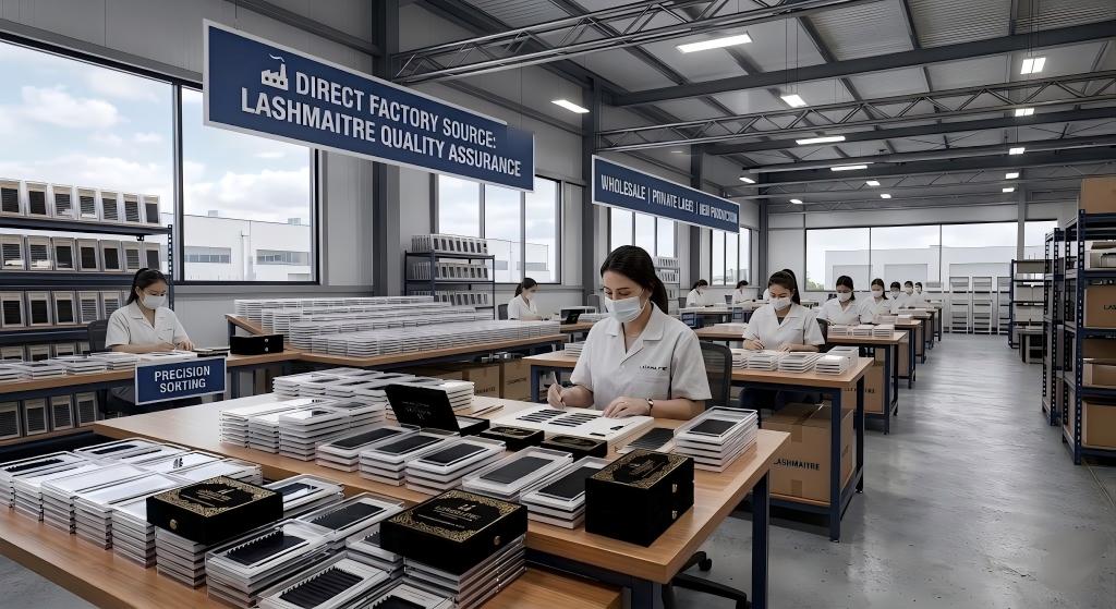 A sweeping, modern view inside the LASHMAITRE Direct Factory Source facility, highlighting a clean, sophisticated environment with a focus on high-volume production, intricate assembly stations, advanced sorting machines, and a specialized QUALITY ASSURANCE zone. Large overhead signs read 'DIRECT FACTORY SOURCE', 'WHOLESALE', 'PRIVATE LABEL', and 'OEM PRODUCTION'. Various workers are meticulously inspecting individual eyelash extension trays, with shelves stocked with raw material spools and finished private label boxes.