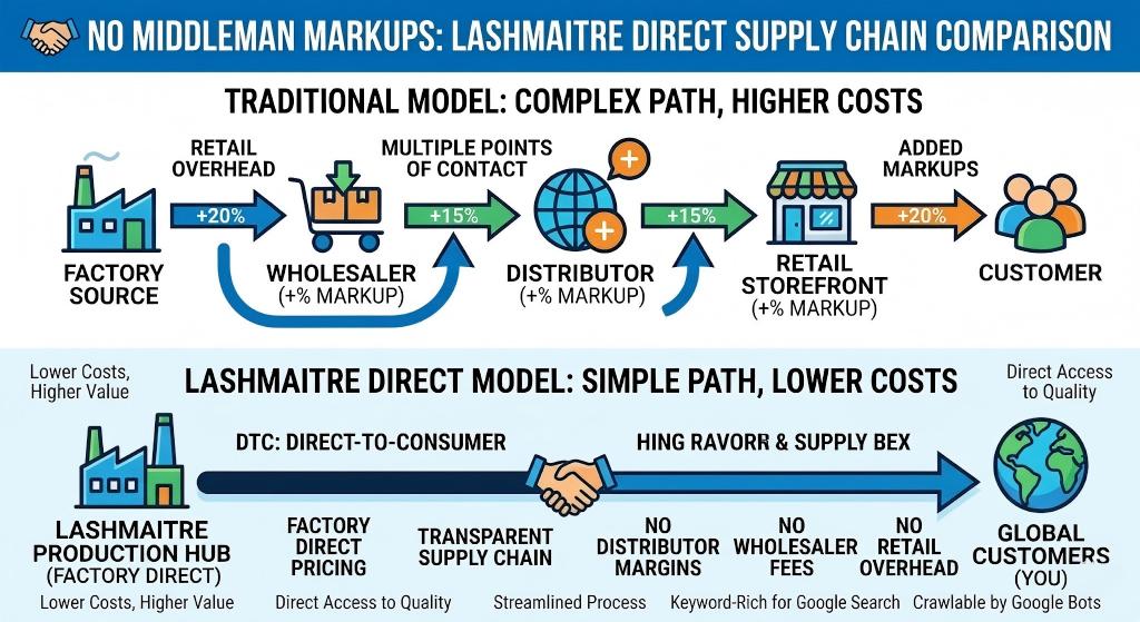 A comparative infographic titled 'NO MIDDLEMAN MARKUPS: LASHMAITRE DIRECT SUPPLY CHAIN COMPARISON'. The top section illustrates the 'TRADITIONAL MODEL' with a complex path including Wholesalers, Distributors, and Retail Storefronts, each adding significant percentage markups (e.g., +20%, +15%) before reaching the customer. The bottom section highlights the 'LASHMAITRE DIRECT MODEL', showing a streamlined path from the 'LASHMAITRE PRODUCTION HUB' directly to 'GLOBAL CUSTOMERS'. Icons emphasize 'FACTORY DIRECT PRICING', 'TRANSPARENT SUPPLY CHAIN', and the removal of distributor margins, wholesaler fees, and retail overhead to ensure lower costs and higher value.