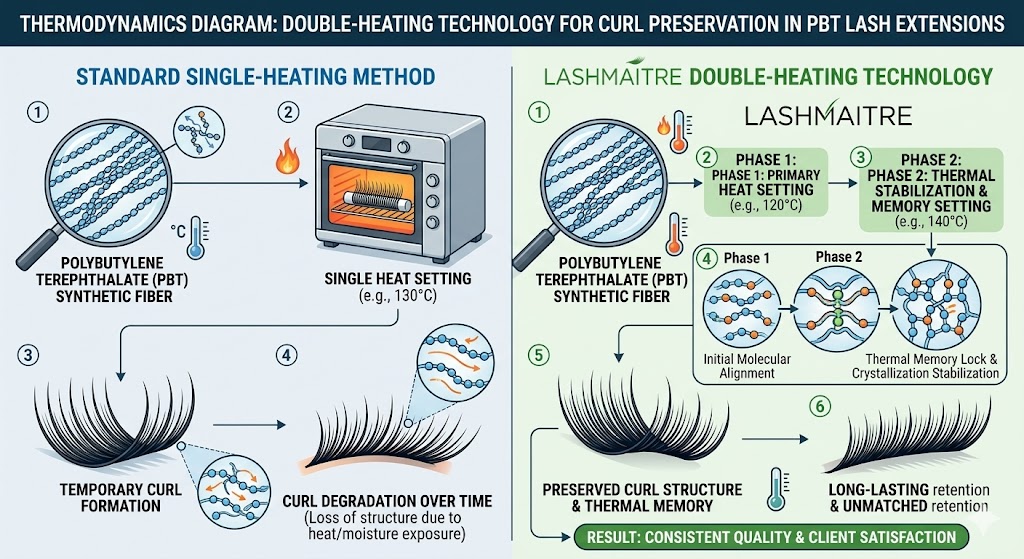 A thermodynamics infographic comparing standard single-heating and Lashmaitre double-heating technology for PBT eyelash extensions. The diagram shows molecular analysis and visual outcomes, demonstrating how double-heating achieves a stable thermal memory lock to preserve curl structure and extend retention, while single-heating leads to curl degradation.