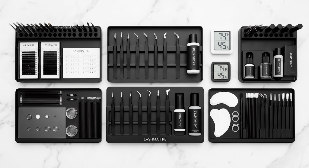 Top-down view of an ultra-efficient LASHMAITRE aesthetic workstation, featuring curated matte-black organizer trays and professional precision lash tweezers arranged in an elite service configuration.