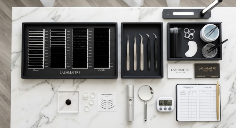 Top-down view of an ultra-efficient LASHMAITRE aesthetic workstation, featuring curated matte-black organizer trays and professional precision lash tweezers arranged in an elite service configuration.