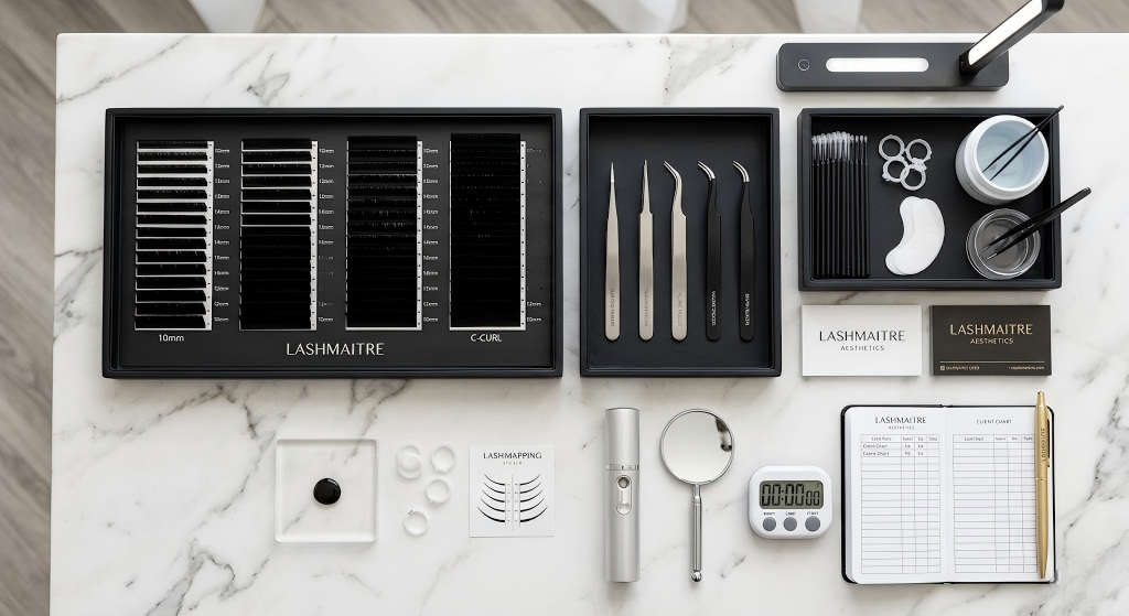 Top-down view of an ultra-efficient LASHMAITRE aesthetic workstation, featuring curated matte-black organizer trays and professional precision lash tweezers arranged in an elite service configuration.