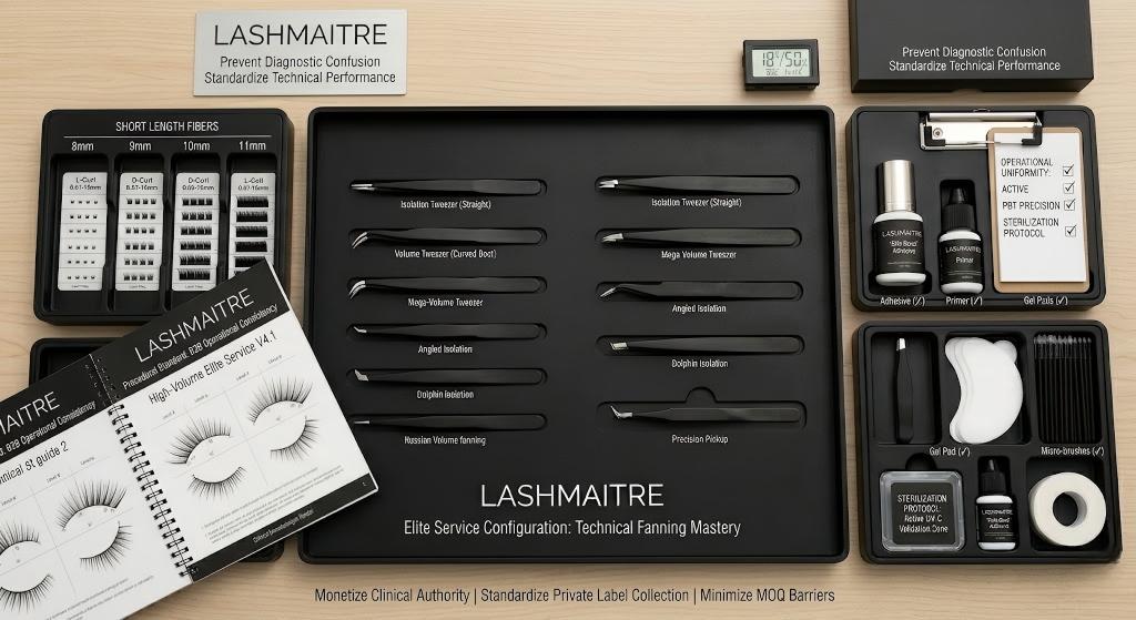 Top-down view of a highly efficient LASHMAITRE salon workstation featuring premium matte-black trays, precision tweezers, and standardized technical guides designed for elite service configurations.