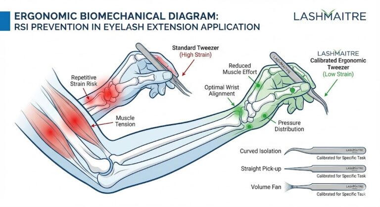 An ergonomic biomechanical diagram illustrating LASHMAITRE's calibrated eyelash extension tweezers. It compares a 'Standard Tweezer' causing high strain and muscle tension, against a 'Calibrated Ergonomic Tweezer' that offers low strain, reduced muscle effort, and optimal wrist alignment, preventing Repetitive Strain Injury (RSI).different types of tweezers for eyelash extensions