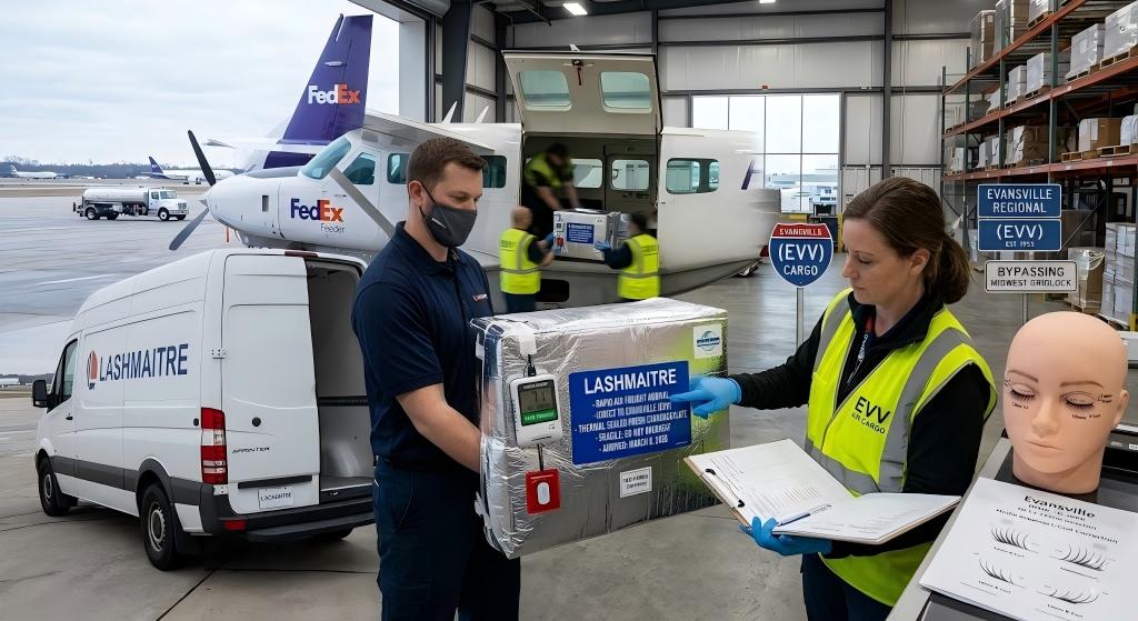 Air cargo logistics bypassing midwest ground freight for rapid delivery of supplies for eyelash extensions evansville indiana