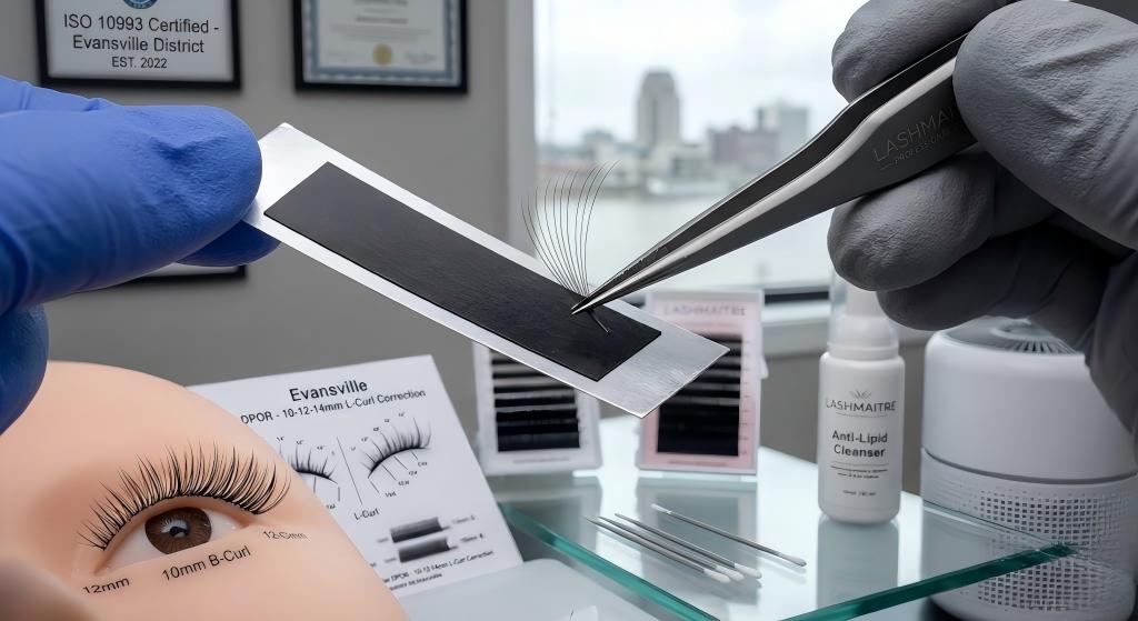 Surgical tweezers extracting a perfect volume fan from a foil backed tape strip ensuring zero residue for eyelash extensions evansville indiana