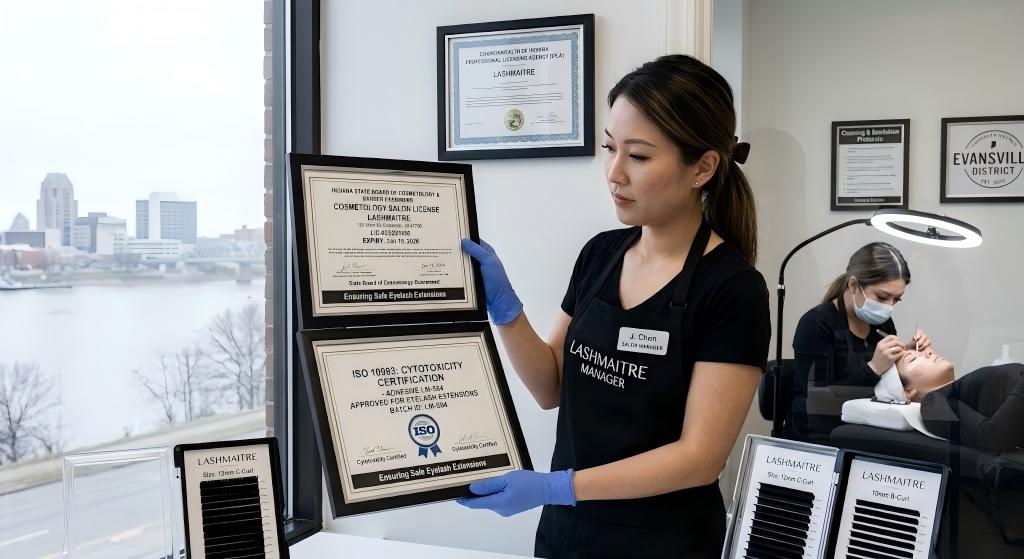 Indiana State Board of Cosmetology license and ISO cytotoxicity compliance certificate ensuring safe eyelash extensions evansville indiana