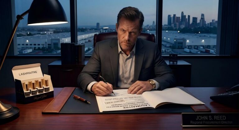A stark, cinematic photograph capturing a regional procurement director sitting at a mahogany desk, aggressively reviewing an expedited LASHMAITRE supply chain manifest that bypasses maritime freight, securing a steady flow of pristine royal eyelash extension glue from a Los Angeles hub.