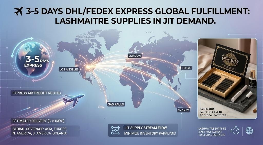 Infographic illustrating LASHMAITRE supplies advanced global fulfillment via DHL/FedEx Express in 3-5 days. It features a blue and purple world map showing major logistics hubs like Los Angeles, London, Tokyo, São Paulo, and Sydney. The prominent headline reads: '3-5 DAYS DHL/FEDEX EXPRESS GLOBAL FULFILLMENT: LASHMAITRE SUPPLIES IN JIT DEMAND.' Icons show a modern jet plane, a globe with a 3-5 day timer, and a supply stream arrow. A detailed product inlay showcases a luxurious LASHMAITRE lash extension box and accessories on a velvet and marble plinth. Text panels detail 'Global Coverage,' 'JIT Supply Stream Flow to Minimize Inventory Paralysis,' and 'Express Air Freight Routes.'