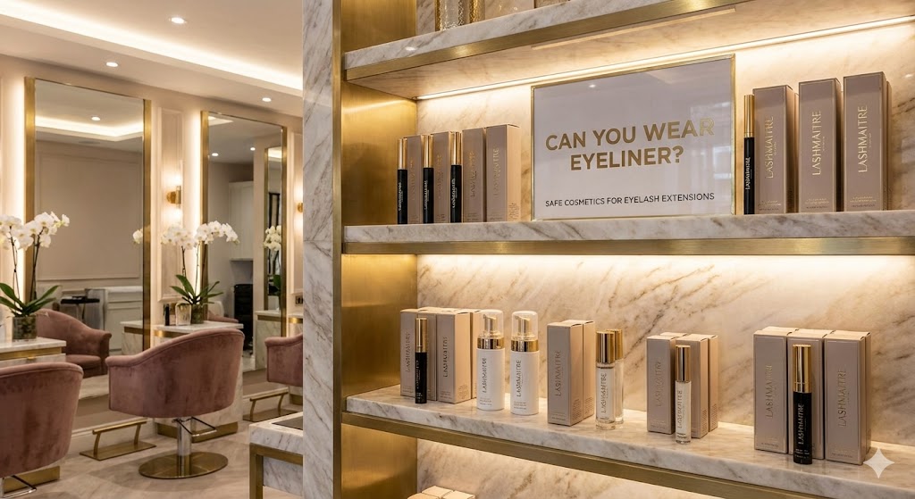 A sophisticated marble and gold retail display in a luxury salon showcasing LASHMAITRE branded cosmetics for eyelash extensions, featuring a sign asking 'CAN YOU WEAR EYELINER? SAFE COSMETICS FOR EYELASH EXTENSIONS'.