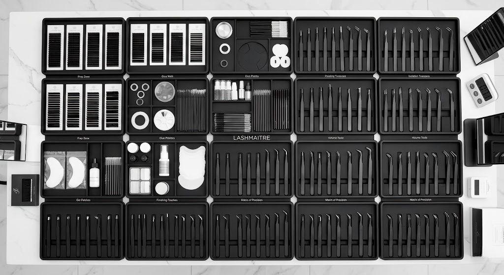 Top-down view of an extensive matrix of professional LASHMAITRE matte-black organizer trays and specialized precision tweezers, demonstrating an elite service configuration for rapid and efficient aesthetic services.