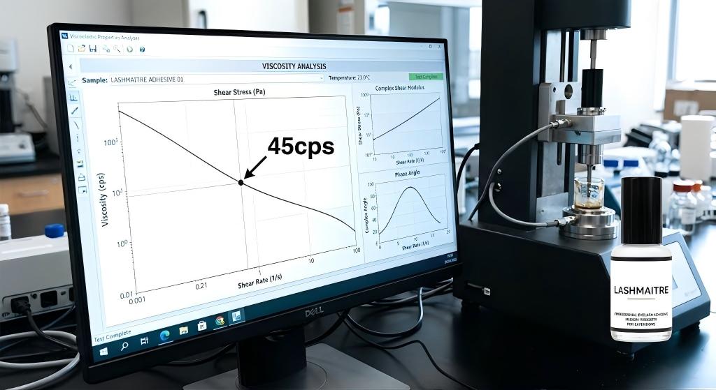 Dynamic Shear Rheometer screen displaying 45cps viscosity analysis for LASHMAITRE professional eyelash extension adhesive
