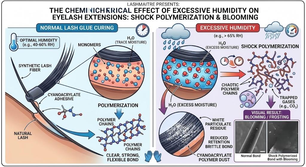 A comparative diagram illustrating the chemical reaction of cyanoacrylate eyelash extension adhesive under optimal versus excessive humidity. It shows how high humidity (>65% RH) causes excess H2O molecules to trigger rapid 'shock polymerization,' resulting in chaotic polymer chains, trapped gases (CO2), reduced retention, a brittle bond, and visible white 'blooming' or frosting on synthetic fibers, contrasting against the clear, strong, orderly bond formed under normal humidity (40-60% RH).