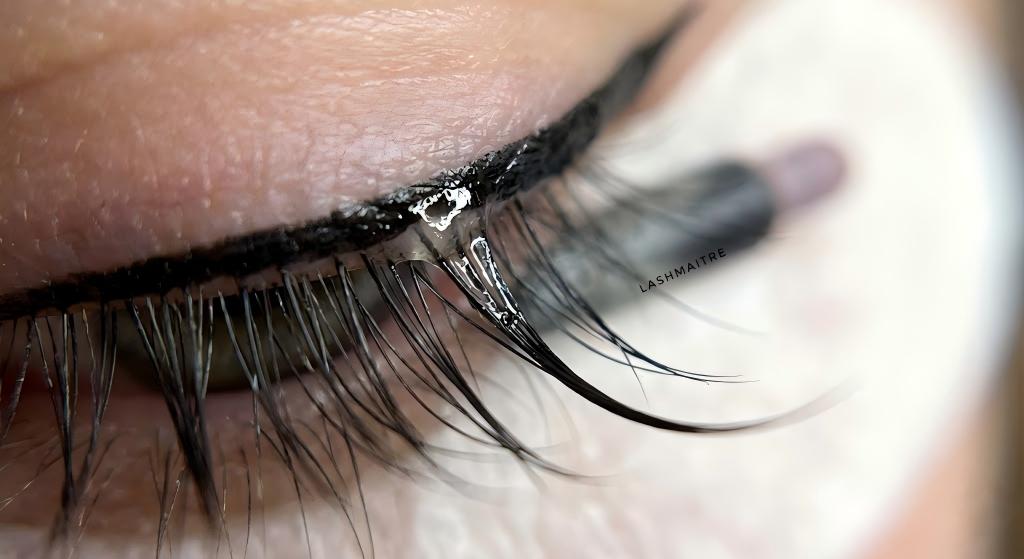 Macro photography focusing on the LASHMAITRE adhesive bond between a synthetic eyelash extension and a natural lash. The clear, cross-linked cyanoacrylate shows zero signs of breakdown, despite the close proximity of a clean line of black liquid eyeliner on the eyelid.