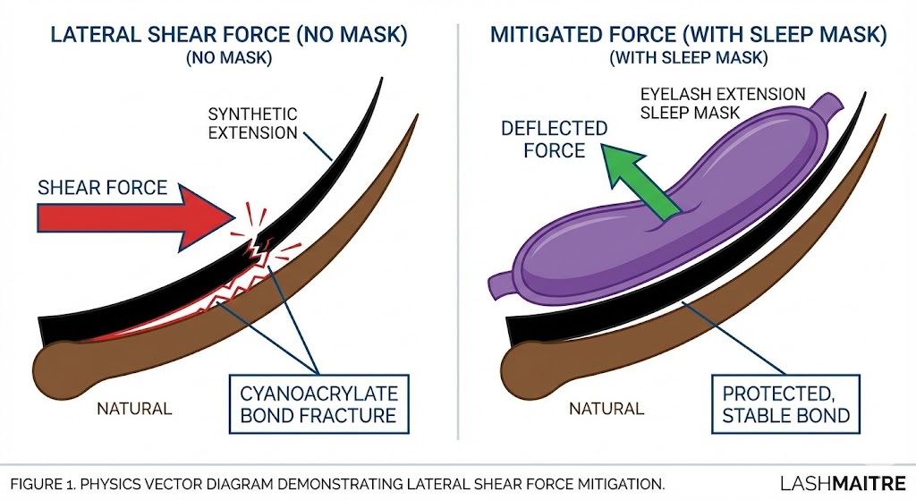 A technical vector illustration in a scientific figure style, divided into two panels. The left panel, labeled 'LATERAL SHEAR FORCE (NO MASK)', shows a close-up of a natural eyelash bonded with cyanoacrylate adhesive to a synthetic extension. A large, red arrow representing 'SHEAR FORCE' pushes horizontally against the extension, causing fracture lines and gaps to appear within the jagged adhesive layer, illustrating bond failure. The right panel, labeled 'MITIGATED FORCE (WITH SLEEP MASK)', shows the same lash and extension protected by a contoured, padded purple sleep mask labeled 'EYELASH EXTENSION SLEEP MASK'. A smaller, deflected green arrow labeled 'DEFLECTED FORCE' bounces off the mask's surface. The adhesive bond remains smooth and intact. Both panels have a figure caption at the bottom. The LASHMAITRE logo is in the bottom right.