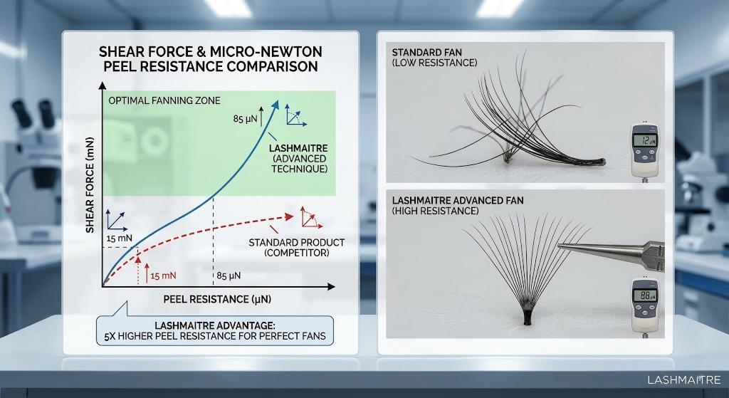 A scientific comparison infographic display. The left panel shows a physics graph titled 'SHEAR FORCE & MICRO-NEWTON PEEL RESISTANCE COMPARISON' with axes for Shear Force (mN) and Peel Resistance (μN). A blue line, representing 'LASHMAITRE (ADVANCED TECHNIQUE)', shows a high, steep curve into an 'OPTIMAL FANNING ZONE', dramatically outperforming a red dashed line representing a 'STANDARD PRODUCT (COMPETITOR)'. The right panel features two micro-photos: a collapsed 'STANDARD FAN' with a gauge reading '12 μN' versus a symmetrical 'LASHMAITRE ADVANCED FAN' with a gauge reading '88 μN'. The LASHMAITRE logo is in the bottom right.