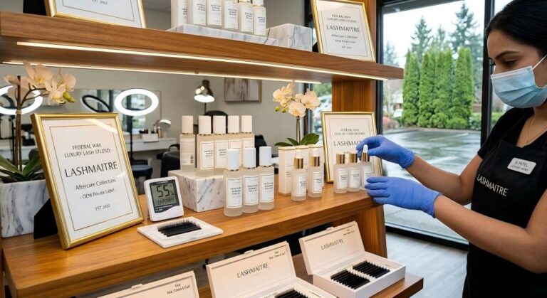 Luxury salon retail shelf displaying OEM private label moisture barrier sealants for eyelash extensions federal way