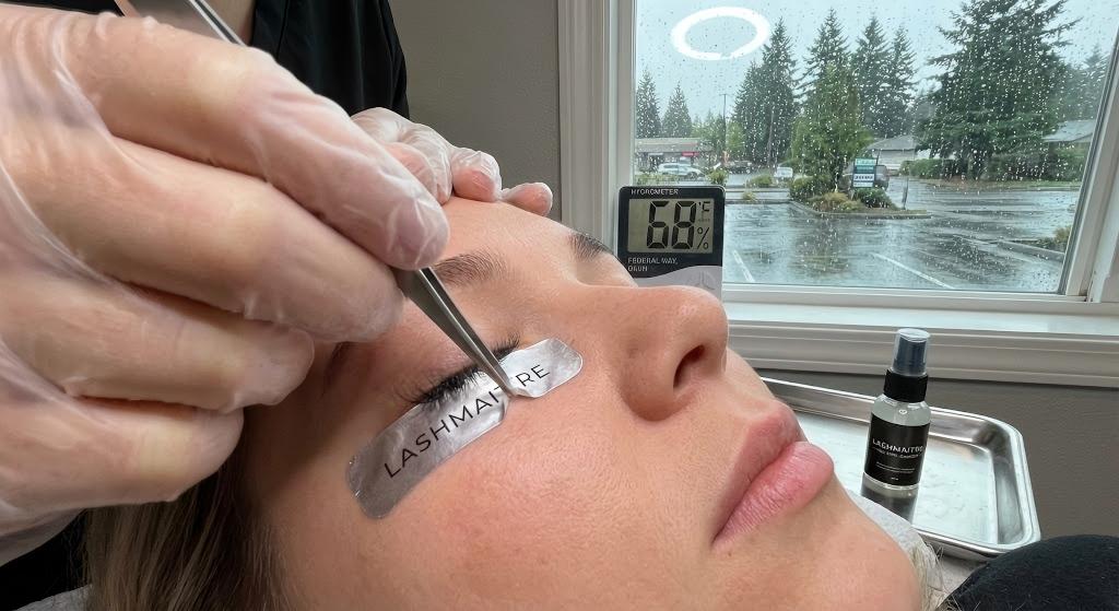 Macro photography of foil backed tape strip ensuring zero residue extraction in humid conditions for eyelash extensions federal way