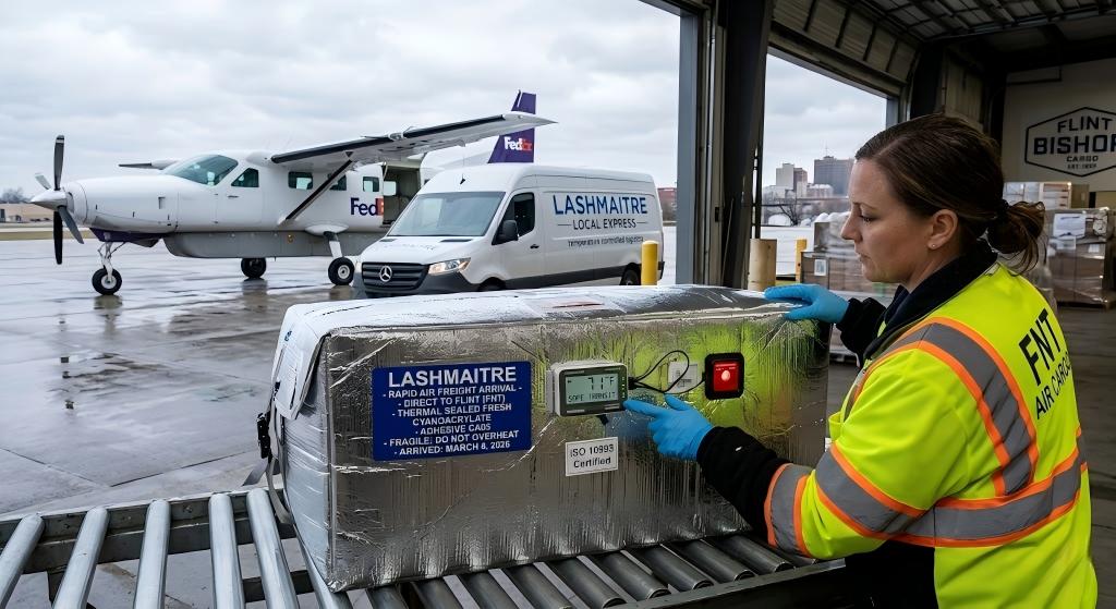 Direct air freight arrival of thermally protected cyanoacrylate at Bishop Airport FNT for eyelash extensions flint