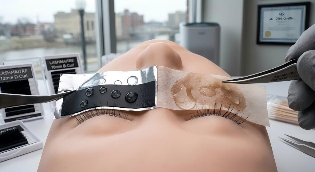 Macro photography comparing foil backed tape against dehydrated paper tape for flawless eyelash extensions flint