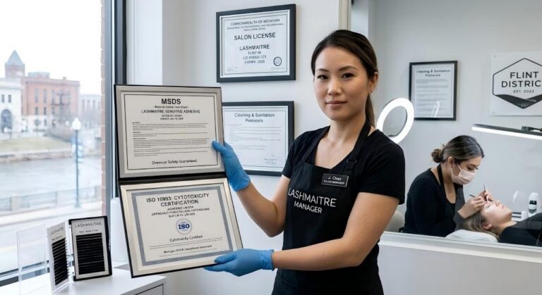 Salon manager displaying MSDS and ISO cytotoxicity compliance to guarantee chemical safety for eyelash extensions flint