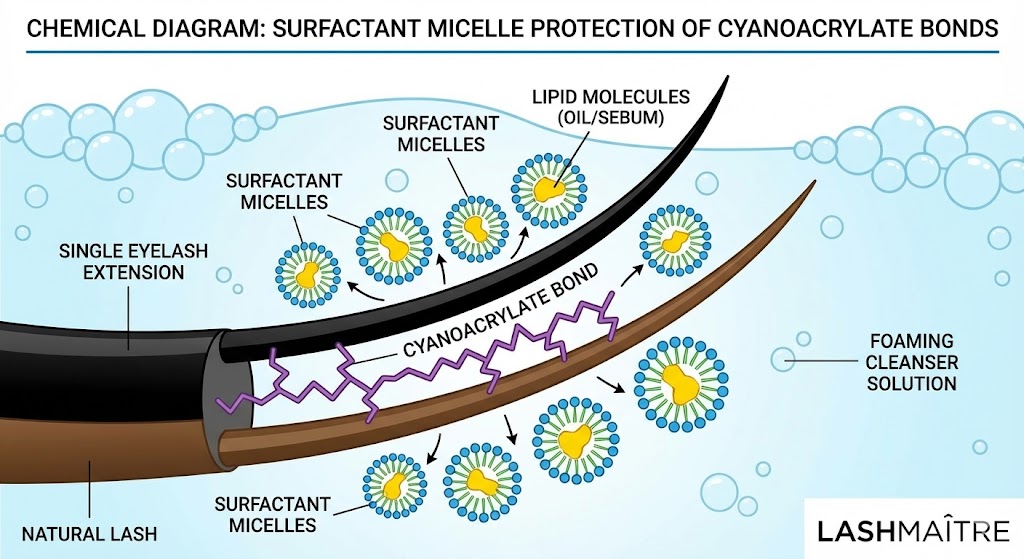 A technical scientific illustration titled 'CHEMICAL DIAGRAM: SURFACTANT MICELLE PROTECTION OF CYANOACRYLATE BONDS' with the LASHMAITRE logo. The diagram shows a cross-section of a natural lash bonded to a single eyelash extension via a purple cyanoacrylate bond. In the surrounding blue foaming cleanser solution, circular surfactant micelles (with blue hydrophilic heads and green hydrophobic tails) are shown encapsulating yellow lipid molecules (oil/sebum) and lifting them away from the adhesive bond to prevent degradation.