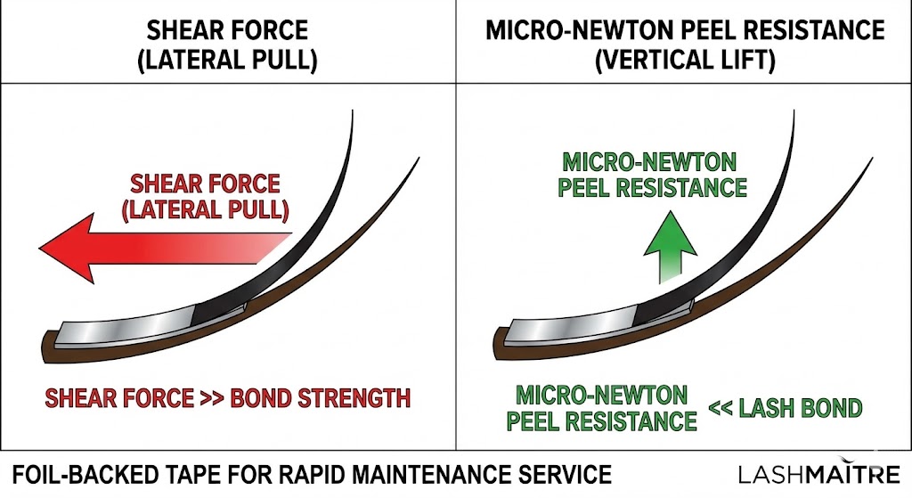 A technical physics diagram from LASHMAITRE titled 'FOIL-BACKED TAPE FOR RAPID MAINTENANCE SERVICE'. The left panel, labeled 'SHEAR FORCE (LATERAL PULL)', shows a strong red arrow pulling a foil tape strip sideways across a lash, with text stating 'SHEAR FORCE >> BOND STRENGTH'. The right panel, labeled 'MICRO-NEWTON PEEL RESISTANCE (VERTICAL LIFT)', shows a weak green arrow lifting the tape vertically, with text stating 'MICRO-NEWTON PEEL RESISTANCE << LASH BOND'. The diagram illustrates the tape's strong lateral hold versus its gentle vertical release.