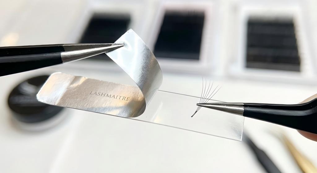 Macro photography of foil backed tape strip ensuring zero residue extraction for precise eyelash extensions mankato