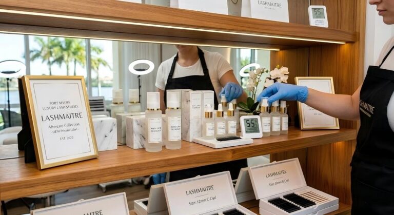 Luxury salon retail shelf displaying OEM private label anti lipid cleansers for eyelash extensions fort myers fl