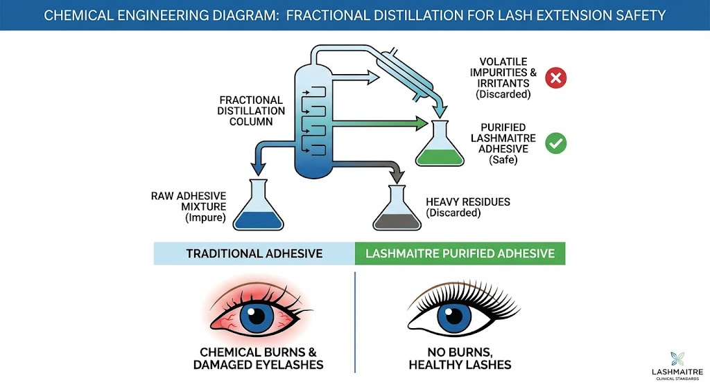 A technical chemical engineering diagram illustrating fractional distillation for lash extension adhesive safety. The diagram shows an impurity removal process and provides a side-by-side comparison. On the left, an 'Impure Adhesive' leads to an eye with chemical burns and broken lashes. On the right, the 'Purified Lashmaitre Adhesive' results in a healthy eye with intact lashes. The Lashmaitre Clinical Standards logo is in the bottom right corner.