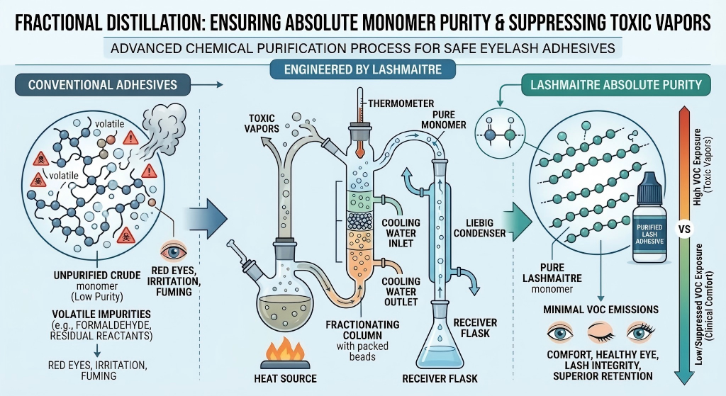 Chemical distillation process ensuring absolute monomer purity to suppress the toxic vapors that cause red eyes eyelash extensions