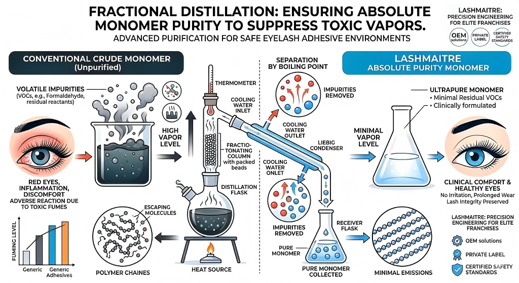 Chemical distillation process ensuring absolute monomer purity to suppress the toxic vapors that cause a reaction to eyelash extensions