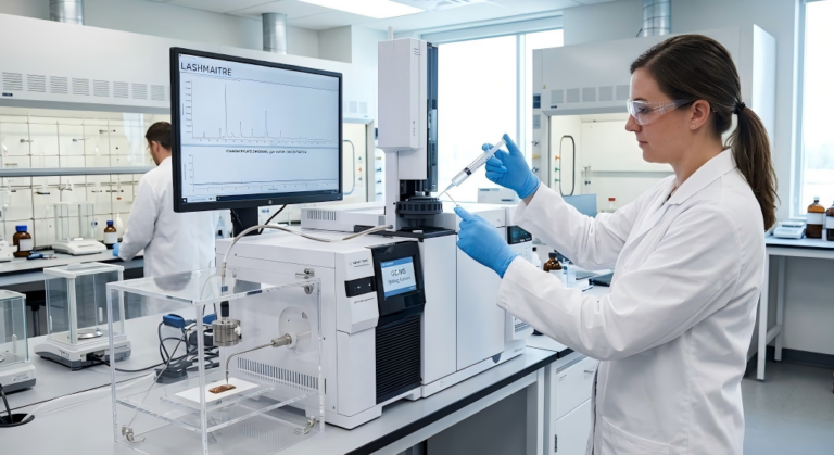 Clinical laboratory setting demonstrating strict gas chromatography mass spectrometry testing to ensure vaporless cyanoacrylate emissions.